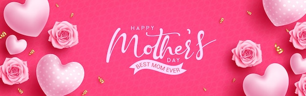 Happy mother's day text vector design. Mother's day typography in pink space with heart balloons