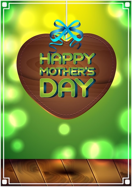 Happy Mother's day on a wooden heart shape in hanging ribbon green background