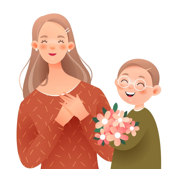 Happy mother and son. The boy gives his mother a bouquet of flowers.