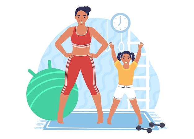 Happy mother training with daughter, vector illustration. Parent child relationship. Parenting. Healthy lifestyle.