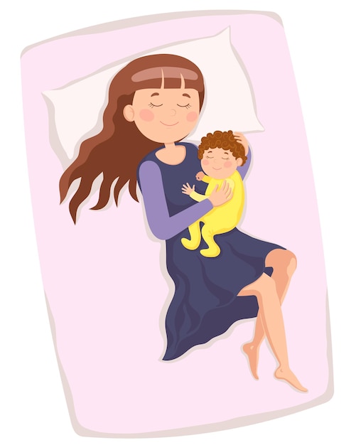 Happy mother with baby hug rest sleep on the bed Vector illustration in a flat style