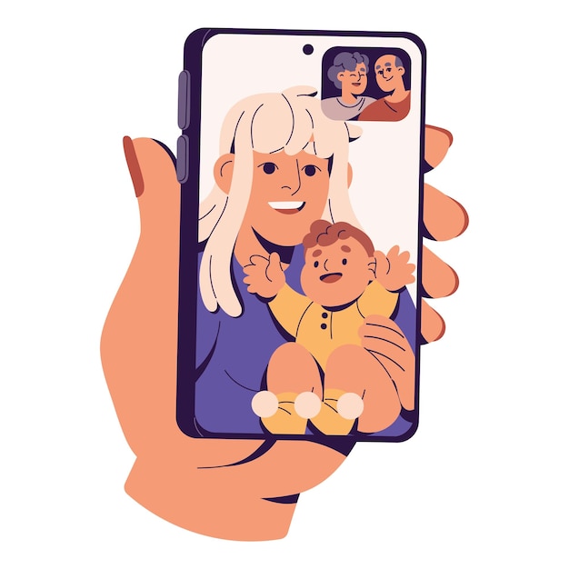 Happy mother with baby talks to her parents by smartphone Mom shows grandchild to grandparents with video call Young woman holds kid on hands Flat isolated vector illustration on white background