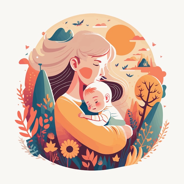 Happy Mother39s Day Mom hug lovely Baby floral background Vector Flat Style