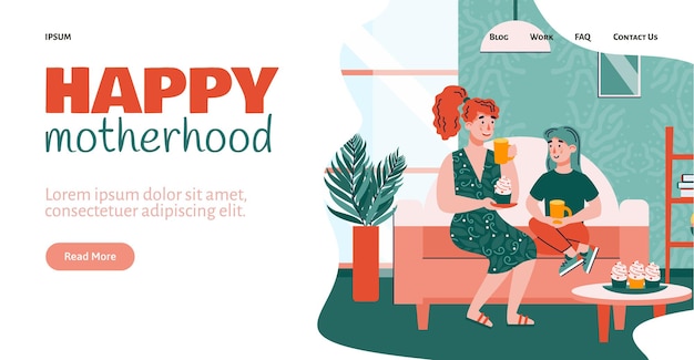 Happy motherhood website with mother and daughter flat vector illustration