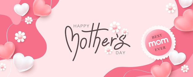 Happy Mothers day banner background layout Heart Shaped Balloons and flower with copy space