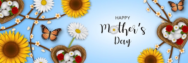 Happy mothers day banner with flowers butterflies and heart shaped nests