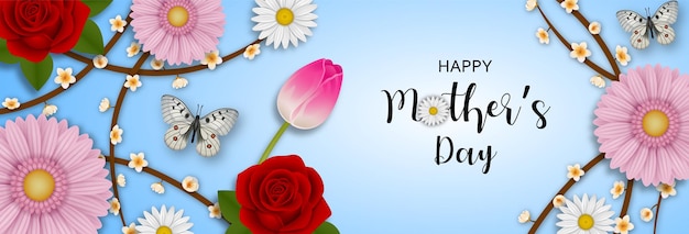 Happy mothers day banner with flowers and butterflies