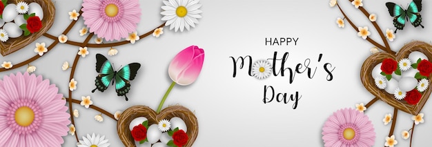 Happy mothers day banner with heart shaped nests butterflies and flowers