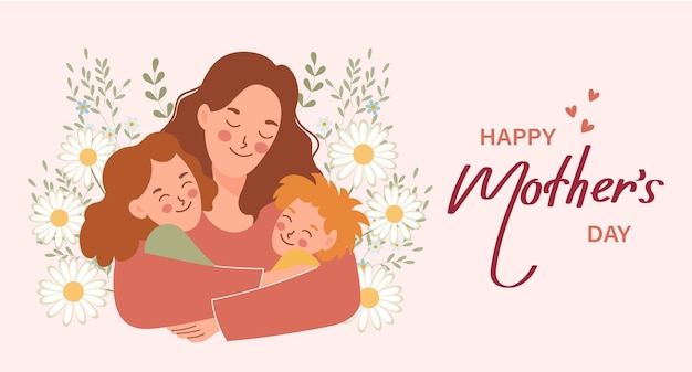 Happy Mothers Day banner Young woman mother with children son and daughter Flat illustration