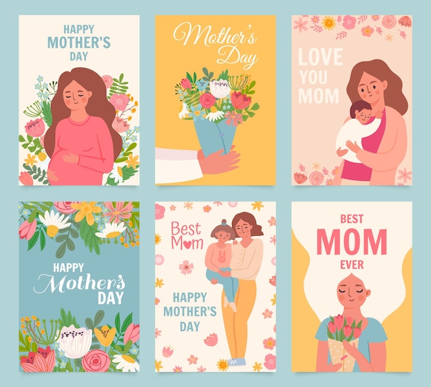 Happy mothers day card. Best mom ever, flower bouquet gift for mother, woman hug baby and daughter. Mothers and children poster vector set. Illustration mother greeting holiday card