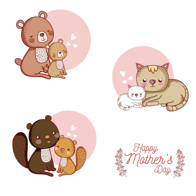 Happy mothers day card with cute animals cartoons