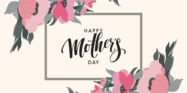 Happy Mothers Day elegant lettering banner pink Calligraphy vector text and heart in frame background for Mother39s Day Best mom ever greeting card