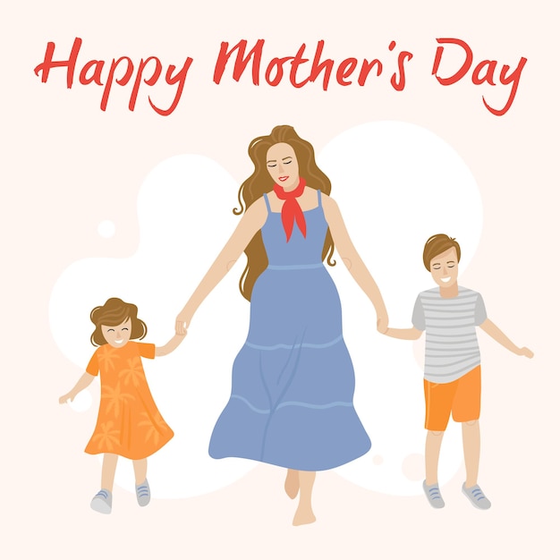 Happy Mothers Day greeting card with white woman and two children