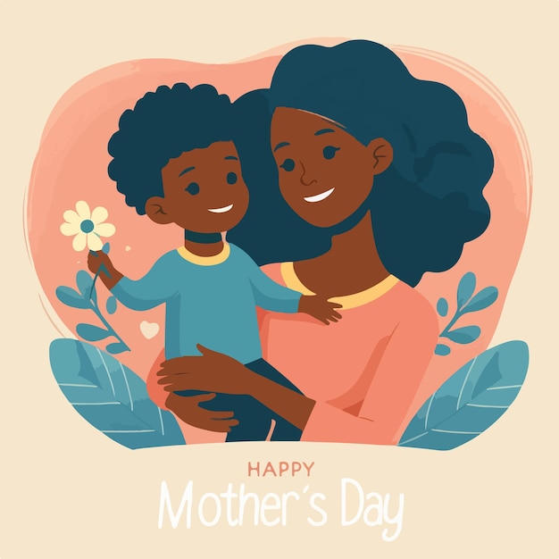 Happy mothers day image with mom and child concept flat hand drawn illustration