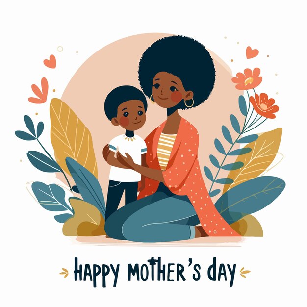 Happy mothers day image with mom and child concept flat hand drawn illustration