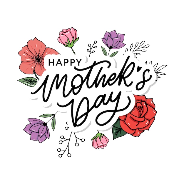 Happy mothers day lettering handmade calligraphy vector illustration mothers day card with flowers