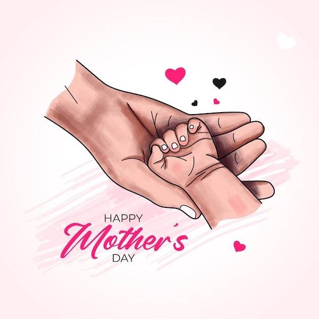 Happy mothers day mother holding child hand illustration