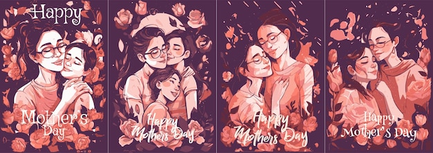 Happy mothers day poster mother and daughter hugging pink color design on dark background Premium water color style vector design