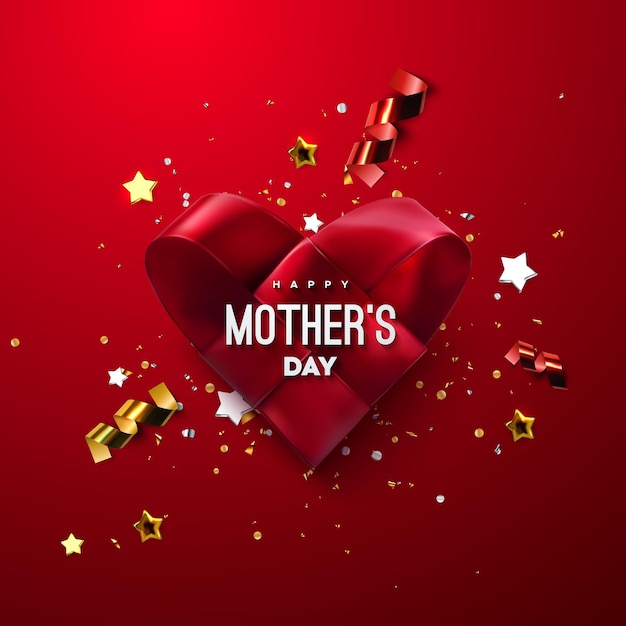 Happy Mothers Day sign with red woven fabric heart and confetti