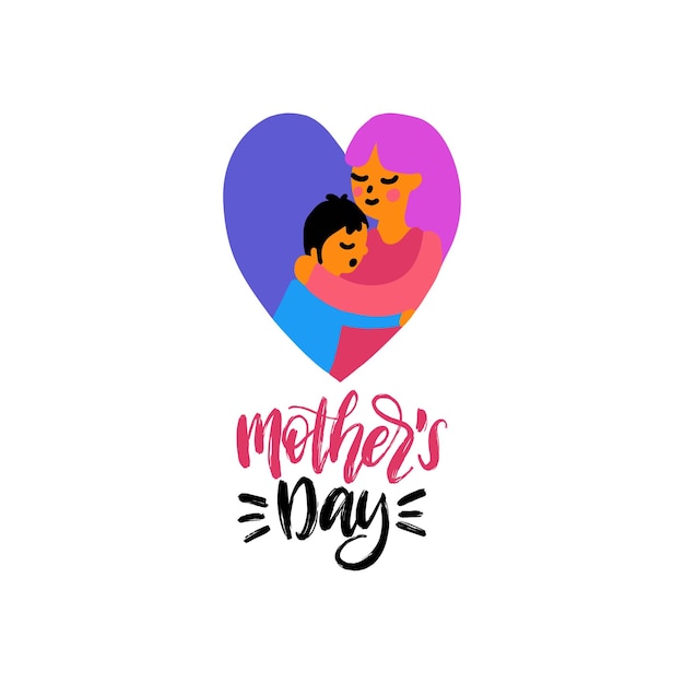 Happy Mothers Day vector hand lettering Illustration of mother with child in heart shape