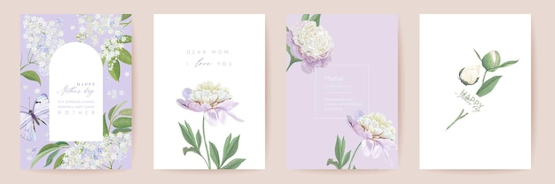 Happy Mothers day watercolor card set. Greeting mom minimal postcard design. Vector peony flowers frame template. Spring flower mother typography. Woman modern brochure