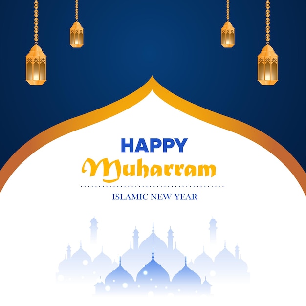 Happy muharram blue and white colour Background Islamic Social Media post