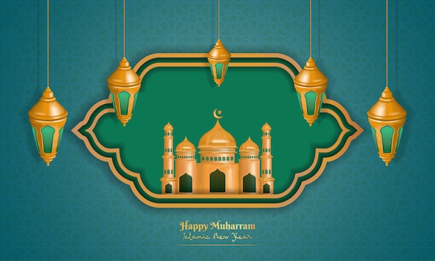 Happy muharram islamic greeting background with golden mosque and lantern 