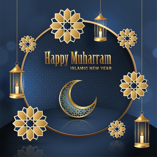 Happy Muharram the Islamic New Year new Hijri year design with gold pattern on color background