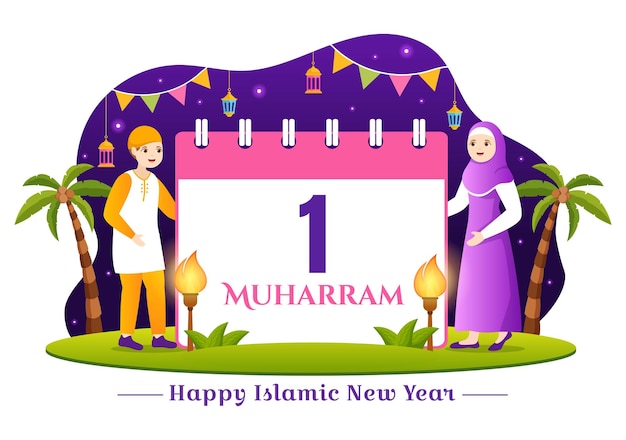 Happy Muharram Islamic New Year Vector Illustration with Kids Muslims in Flat Hand Drawn Templates