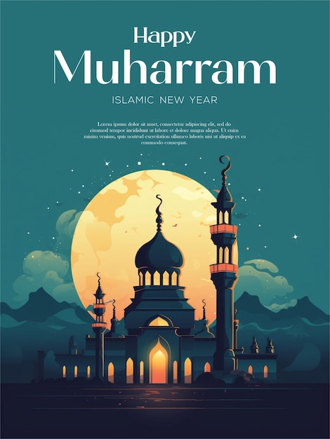 happy muharram poster with mosque background