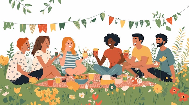 Vector happy multiethnic young friends enjoying garden party outdoors