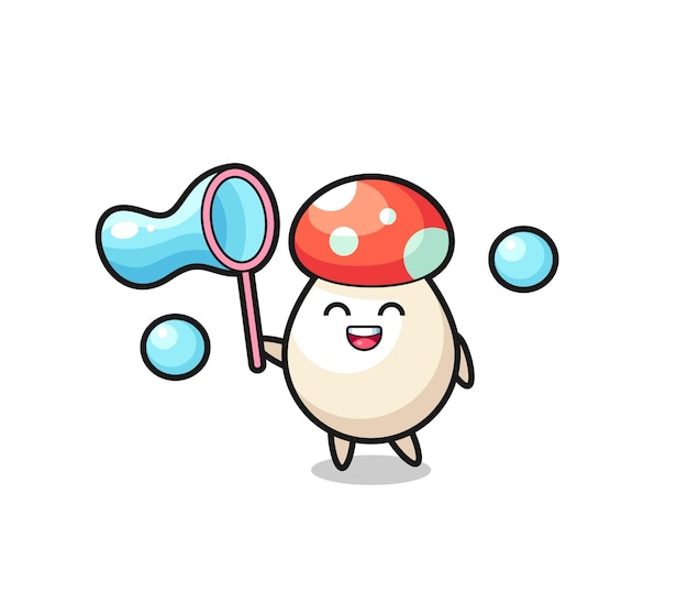 Happy mushroom cartoon playing soap bubble