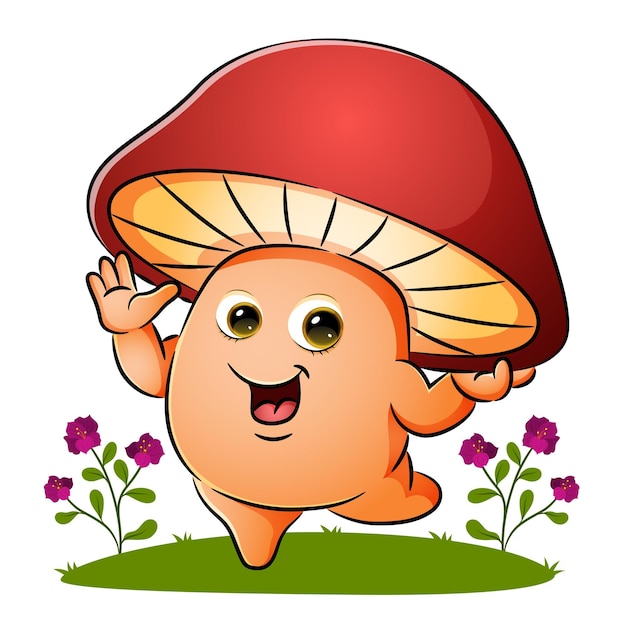 Vector the happy mushroom is waving the hand in the garden of illustration