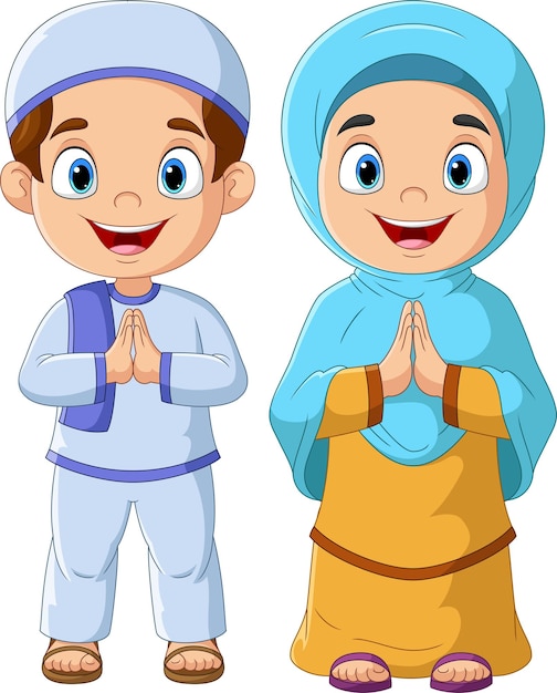 Happy muslim boy and girl cartoon