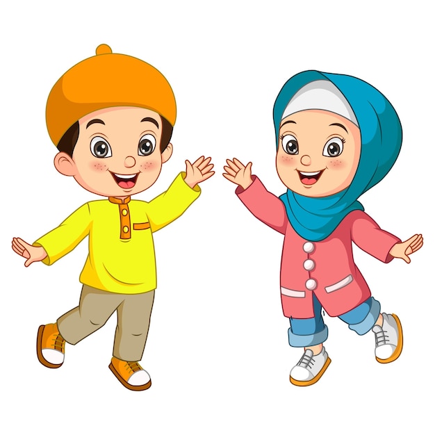 Happy muslim boy and girl cartoon