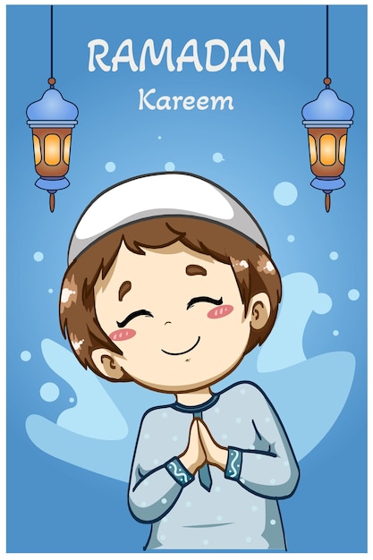 Happy muslim boy greeting ramadan kareem cartoon illustration