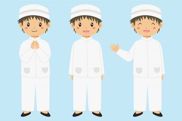 Happy Muslim boy smiling and waving hand. Muslim kids character set.