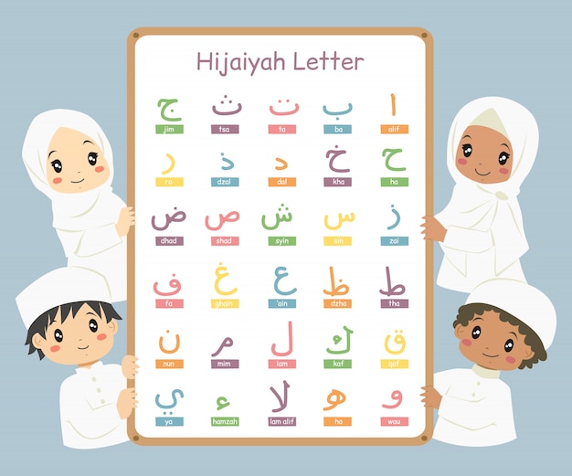 Happy Muslim children holding a whiteboard with colorful Arabic or Hijaiyah letters.