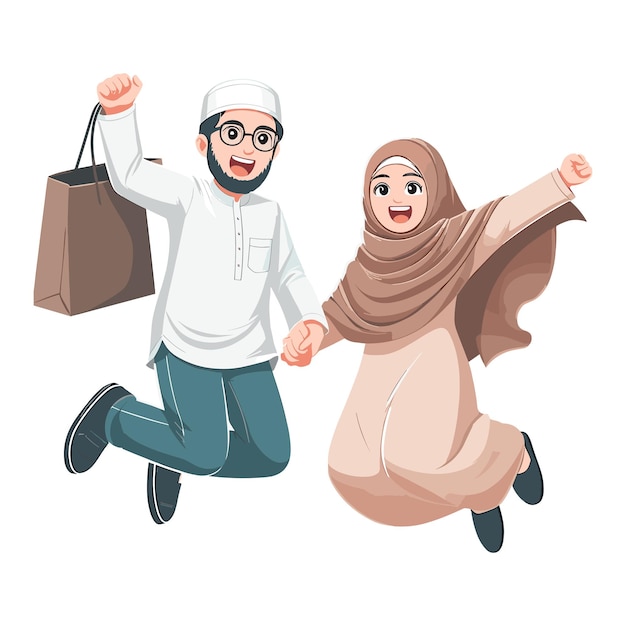 Vector happy muslim couple jumping with holding shopping paper bag vector