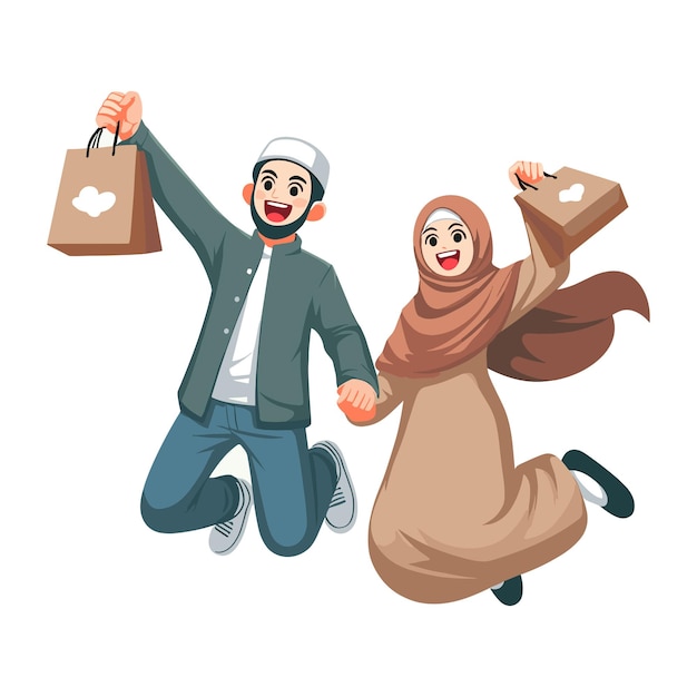 Vector happy muslim couple jumping with holding shopping paper bag vector