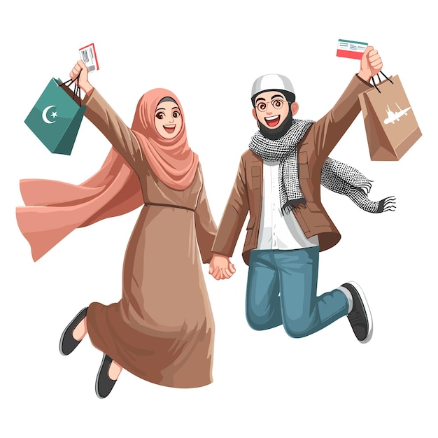 Vector happy muslim couple jumping with holding shopping paper bag vector