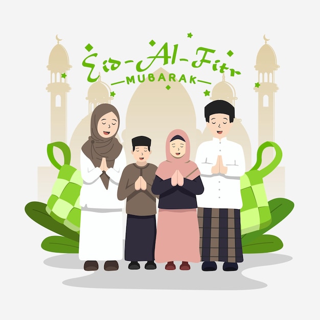 Happy Muslim family together celebrating Eid Eid Mubarak greeting card template