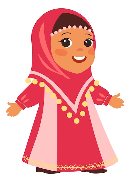 Happy muslim girl in traditional red hijab scarf