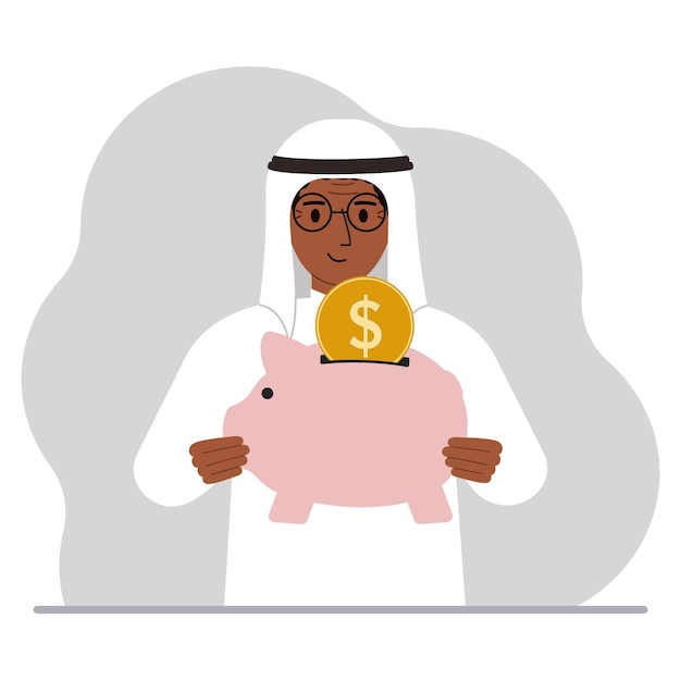 Happy muslim man holds a piggy bank a coin falls into the piggy bank The concept of saving finance savings investing finances Vector flat illustration