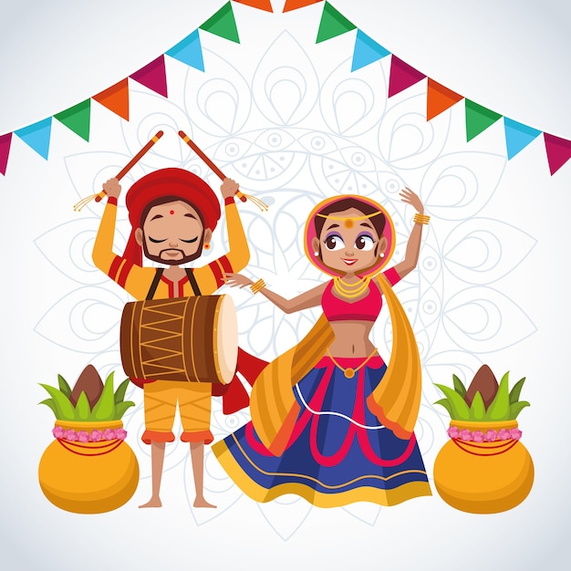 Happy navratri celebration card couple dancing and playing drum with garlands