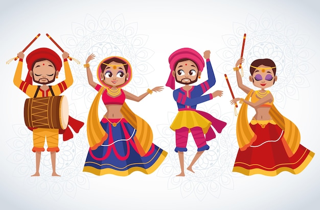 Happy navratri celebration card with group of dancers characters