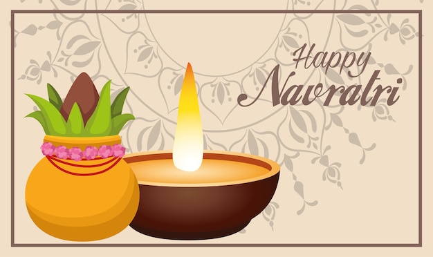 Happy navratri celebration with candle and plant in pot