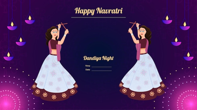 Happy Navratri Traditionally dressed women character on dandiya night banner vector