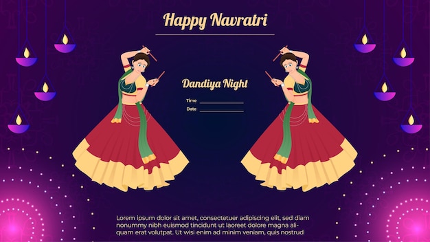 Happy Navratri Traditionally dressed women character on dandiya night banner vector