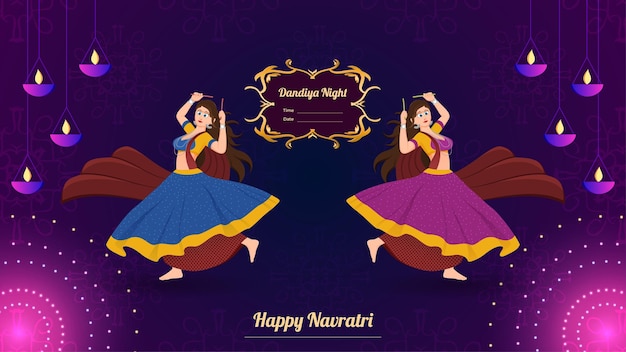 Happy Navratri Traditionally dressed women character on dandiya night banner vector